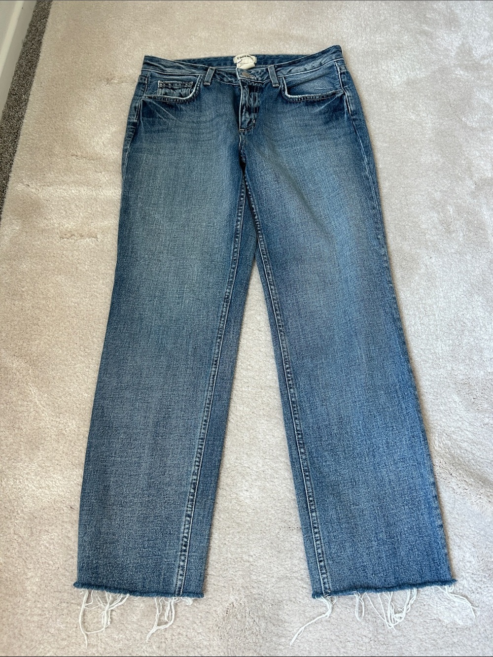 L'AGENCE Blue Straight-Leg Jeans with Frayed Hem 100%cotton